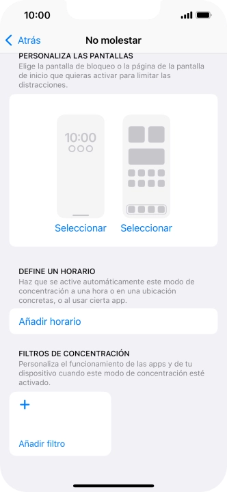 Pulsa Añadir horario y sigue las indicaciones de la pantalla para seleccionar los ajustes de la activación automática de No molestar. Pulsa Añadir horario y sigue las indicaciones de la pantalla para seleccionar los ajustes de la activación automática de No molestar.