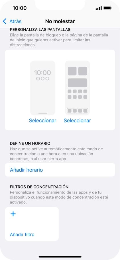 Pulsa Añadir horario y sigue las indicaciones de la pantalla para seleccionar los ajustes de la activación automática de No molestar. Pulsa Añadir horario y sigue las indicaciones de la pantalla para seleccionar los ajustes de la activación automática de No molestar.
