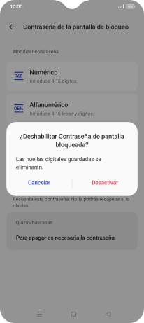 Pulsa Desactivar e introduce el código de seguridad extra que has creado anteriormente. Pulsa Desactivar e introduce el código de seguridad extra que has creado anteriormente.