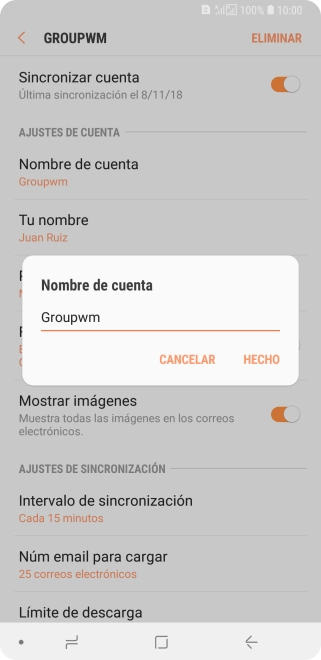 Introduce el nombre deseado de la cuenta de correo electrónico y pulsa HECHO. Introduce el nombre deseado de la cuenta de correo electrónico y pulsa HECHO.