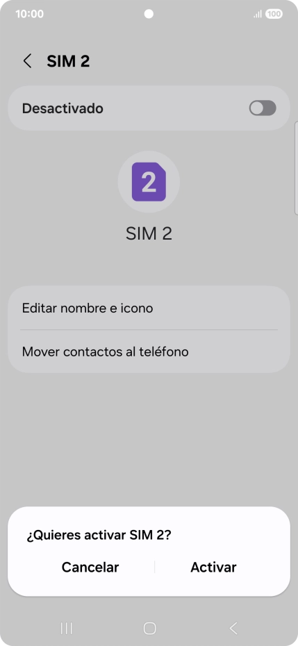 Si deseas desactivar el uso de la línea móvil (SIM), pulsa Activar. Si deseas desactivar el uso de la línea móvil (SIM), pulsa Activar.
