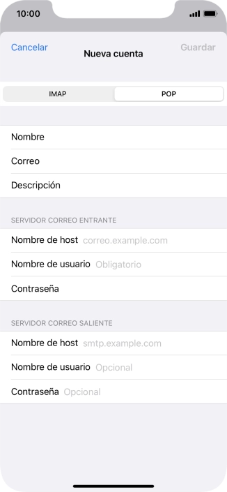Pulsa Nombre de host e introduce el nombre del servidor de correo de entrada de tu proveedor de correo electrónico. Pulsa Nombre de host e introduce el nombre del servidor de correo de entrada de tu proveedor de correo electrónico.