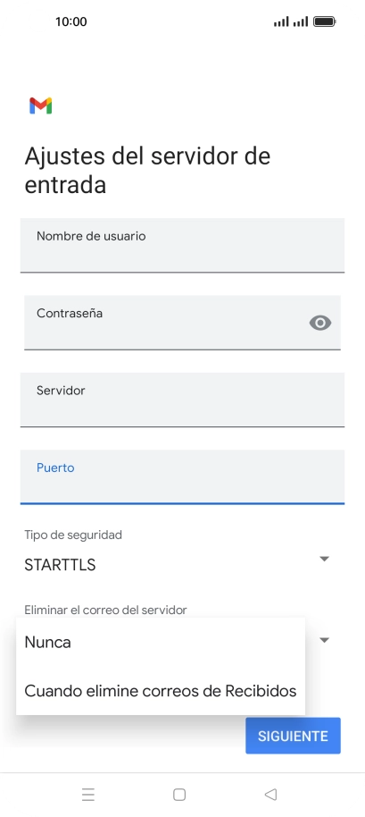Pulsa Nunca para conservar los correos electrónicos en el servidor cuando los borras del teléfono. Pulsa Nunca para conservar los correos electrónicos en el servidor cuando los borras del teléfono.