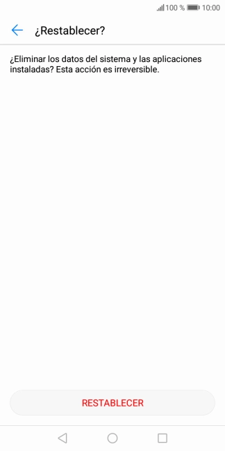 Pulsa RESTABLECER. Espera unos instantes mientras el teléfono restablece la configuración predeterminada. Sigue las indicaciones de la pantalla para configurar el teléfono y dejarlo listo para su uso. Pulsa RESTABLECER. Espera unos instantes mientras el teléfono restablece la configuración predeterminada. Sigue las indicaciones de la pantalla para configurar el teléfono y dejarlo listo para su uso.