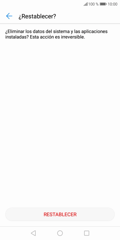 Pulsa RESTABLECER. Espera unos instantes mientras el teléfono restablece la configuración predeterminada. Sigue las indicaciones de la pantalla para configurar el teléfono y dejarlo listo para su uso. Pulsa RESTABLECER. Espera unos instantes mientras el teléfono restablece la configuración predeterminada. Sigue las indicaciones de la pantalla para configurar el teléfono y dejarlo listo para su uso.