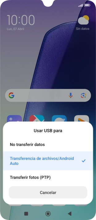 Pulsa Transferencia de archivos/Android Auto. Pulsa Transferencia de archivos/Android Auto.