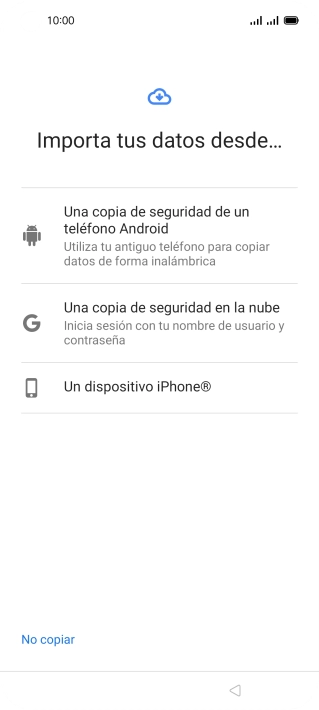 Pulsa el ajuste deseado y sigue las instrucciones de la pantalla para transferir el contenido del otro teléfono. Pulsa el ajuste deseado y sigue las instrucciones de la pantalla para transferir el contenido del otro teléfono.