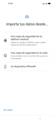 Pulsa el ajuste deseado y sigue las instrucciones de la pantalla para transferir el contenido del otro teléfono. Pulsa el ajuste deseado y sigue las instrucciones de la pantalla para transferir el contenido del otro teléfono.