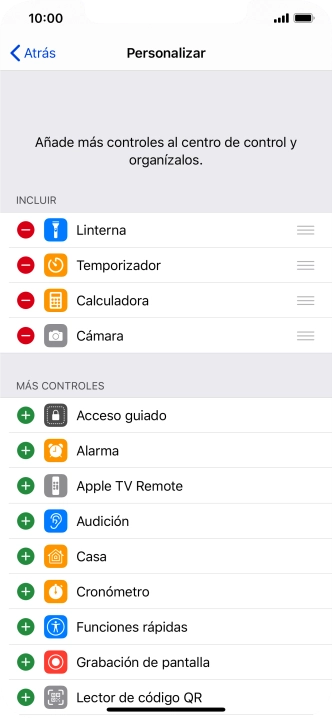 Pulsa el icono de eliminar junto a la función deseada para eliminarla del Centro de control. Pulsa el icono de eliminar junto a la función deseada para eliminarla del Centro de control.