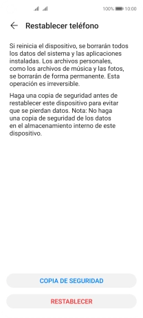 Pulsa RESTABLECER. Espera unos instantes mientras el teléfono restablece la configuración predeterminada. Sigue las indicaciones de la pantalla para configurar el teléfono y dejarlo listo para su uso. Pulsa RESTABLECER. Espera unos instantes mientras el teléfono restablece la configuración predeterminada. Sigue las indicaciones de la pantalla para configurar el teléfono y dejarlo listo para su uso.