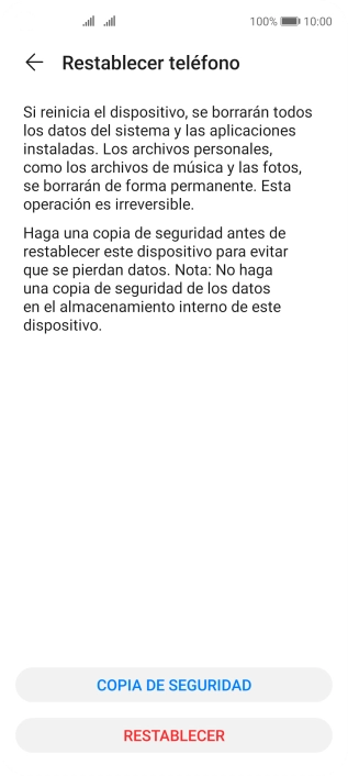 Pulsa RESTABLECER. Espera unos instantes mientras el teléfono restablece la configuración predeterminada. Sigue las indicaciones de la pantalla para configurar el teléfono y dejarlo listo para su uso. Pulsa RESTABLECER. Espera unos instantes mientras el teléfono restablece la configuración predeterminada. Sigue las indicaciones de la pantalla para configurar el teléfono y dejarlo listo para su uso.