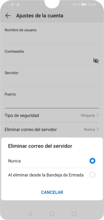 Pulsa Nunca para conservar los correos electrónicos en el servidor cuando los borras del teléfono. Pulsa Nunca para conservar los correos electrónicos en el servidor cuando los borras del teléfono.