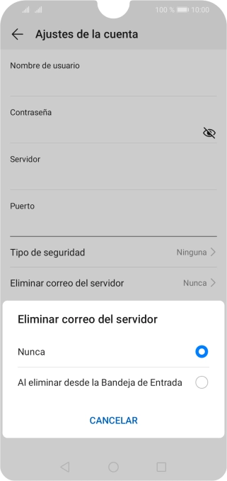 Pulsa Nunca para conservar los correos electrónicos en el servidor cuando los borras del teléfono. Pulsa Nunca para conservar los correos electrónicos en el servidor cuando los borras del teléfono.