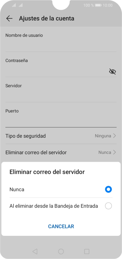 Pulsa Nunca para conservar los correos electrónicos en el servidor cuando los borras del teléfono. Pulsa Nunca para conservar los correos electrónicos en el servidor cuando los borras del teléfono.