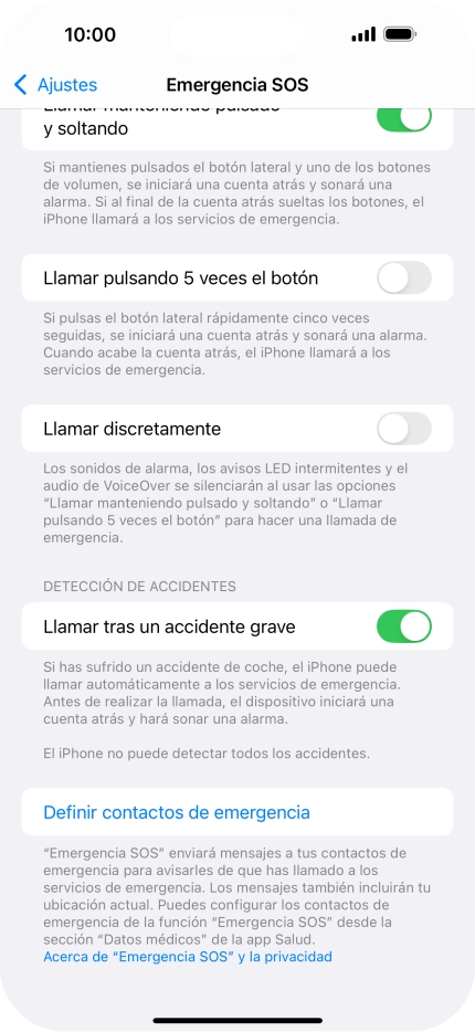 Pulsa Definir contactos de emergencia y sigue las indicaciones de la pantalla para insertar la información y tus contactos de emergencia. Pulsa Definir contactos de emergencia y sigue las indicaciones de la pantalla para insertar la información y tus contactos de emergencia.