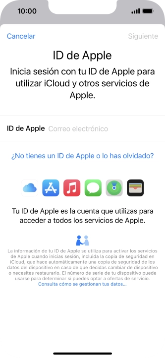Si no tienes un ID de Apple, pulsa ¿No tienes un ID de Apple o lo has olvidado? y sigue las indicaciones de la pantalla para ver cómo crear un ID de Apple. Si no tienes un ID de Apple, pulsa ¿No tienes un ID de Apple o lo has olvidado? y sigue las indicaciones de la pantalla para ver cómo crear un ID de Apple.