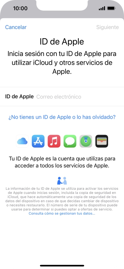 Si no tienes un ID de Apple, pulsa ¿No tienes un ID de Apple o lo has olvidado? y sigue las indicaciones de la pantalla para ver cómo crear un ID de Apple. Si no tienes un ID de Apple, pulsa ¿No tienes un ID de Apple o lo has olvidado? y sigue las indicaciones de la pantalla para ver cómo crear un ID de Apple.