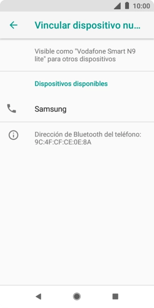 Pulsa el dispositivo Bluetooth deseado y sigue las indicaciones de la pantalla para vincular el dispositivo al teléfono. Pulsa el dispositivo Bluetooth deseado y sigue las indicaciones de la pantalla para vincular el dispositivo al teléfono.