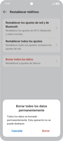 Pulsa Borrar. Espera unos instantes mientras el teléfono restablece la configuración predeterminada. Sigue las indicaciones de la pantalla para configurar el teléfono y dejarlo listo para su uso. Pulsa Borrar. Espera unos instantes mientras el teléfono restablece la configuración predeterminada. Sigue las indicaciones de la pantalla para configurar el teléfono y dejarlo listo para su uso.
