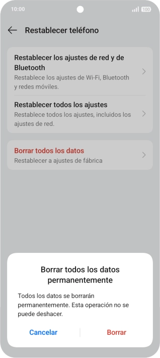 Pulsa Borrar. Espera unos instantes mientras el teléfono restablece la configuración predeterminada. Sigue las indicaciones de la pantalla para configurar el teléfono y dejarlo listo para su uso. Pulsa Borrar. Espera unos instantes mientras el teléfono restablece la configuración predeterminada. Sigue las indicaciones de la pantalla para configurar el teléfono y dejarlo listo para su uso.