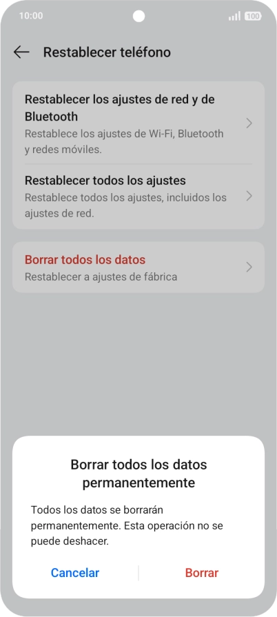 Pulsa Borrar. Espera unos instantes mientras el teléfono restablece la configuración predeterminada. Sigue las indicaciones de la pantalla para configurar el teléfono y dejarlo listo para su uso. Pulsa Borrar. Espera unos instantes mientras el teléfono restablece la configuración predeterminada. Sigue las indicaciones de la pantalla para configurar el teléfono y dejarlo listo para su uso.