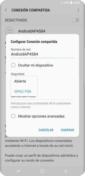 Pulsa WPA2 PSK para proteger la conexión wifi con una contraseña. Pulsa WPA2 PSK para proteger la conexión wifi con una contraseña.