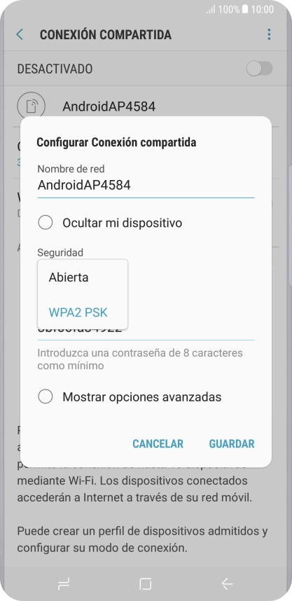 Pulsa WPA2 PSK para proteger la conexión wifi con una contraseña. Pulsa WPA2 PSK para proteger la conexión wifi con una contraseña.