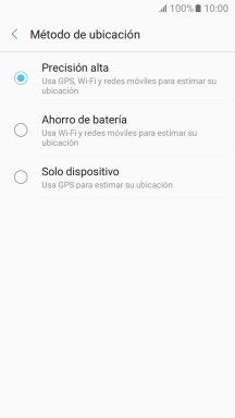 Si seleccionas Precisión alta, el teléfono podrá encontrar tu posición exacta con ayuda de los satélites GPS, la red móvil y una red wifi cercana. El GPS por satélite requiere vista libre al cielo. Si seleccionas Precisión alta, el teléfono podrá encontrar tu posición exacta con ayuda de los satélites GPS, la red móvil y una red wifi cercana. El GPS por satélite requiere vista libre al cielo.
