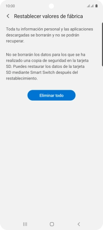 Pulsa Eliminar todo. Espera unos instantes mientras el teléfono restablece la configuración predeterminada. Sigue las indicaciones de la pantalla para configurar el teléfono y dejarlo listo para su uso. Pulsa Eliminar todo. Espera unos instantes mientras el teléfono restablece la configuración predeterminada. Sigue las indicaciones de la pantalla para configurar el teléfono y dejarlo listo para su uso.