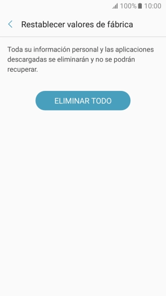 Pulsa ELIMINAR TODO. Espera unos instantes mientras el teléfono restablece la configuración predeterminada. Sigue las indicaciones de la pantalla para configurar el teléfono y dejarlo listo para su uso. Pulsa ELIMINAR TODO. Espera unos instantes mientras el teléfono restablece la configuración predeterminada. Sigue las indicaciones de la pantalla para configurar el teléfono y dejarlo listo para su uso.