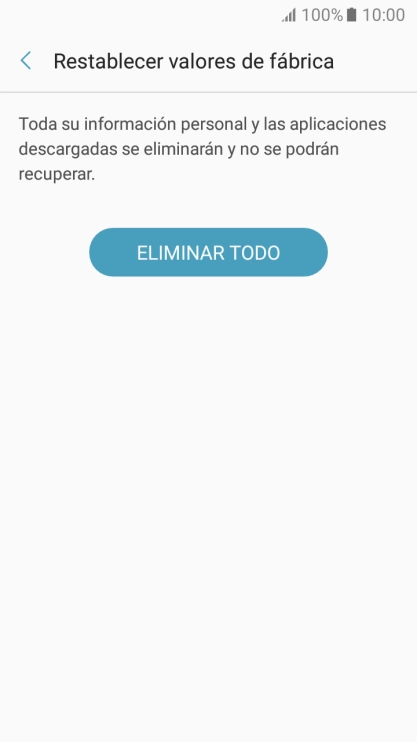 Pulsa ELIMINAR TODO. Espera unos instantes mientras el teléfono restablece la configuración predeterminada. Sigue las indicaciones de la pantalla para configurar el teléfono y dejarlo listo para su uso. Pulsa ELIMINAR TODO. Espera unos instantes mientras el teléfono restablece la configuración predeterminada. Sigue las indicaciones de la pantalla para configurar el teléfono y dejarlo listo para su uso.