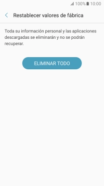 Pulsa ELIMINAR TODO. Espera unos instantes mientras el teléfono restablece la configuración predeterminada. Sigue las indicaciones de la pantalla para configurar el teléfono y dejarlo listo para su uso. Pulsa ELIMINAR TODO. Espera unos instantes mientras el teléfono restablece la configuración predeterminada. Sigue las indicaciones de la pantalla para configurar el teléfono y dejarlo listo para su uso.