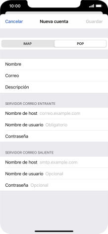 Pulsa Nombre de host e introduce el nombre del servidor de correo de entrada de tu proveedor de correo electrónico. Pulsa Nombre de host e introduce el nombre del servidor de correo de entrada de tu proveedor de correo electrónico.
