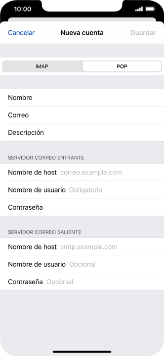 Pulsa Nombre de host e introduce el nombre del servidor de correo de entrada de tu proveedor de correo electrónico. Pulsa Nombre de host e introduce el nombre del servidor de correo de entrada de tu proveedor de correo electrónico.