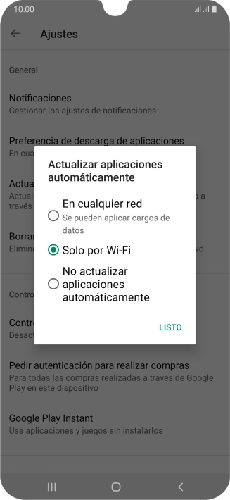 Para activar la actualización automática de apps utilizando la red móvil, pulsa En cualquier red. Para activar la actualización automática de apps utilizando la red móvil, pulsa En cualquier red.