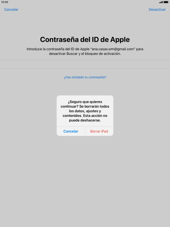 Pulsa Borrar iPad. Espera unos instantes mientras la tablet restablece la configuración predeterminada. Sigue las indicaciones de la pantalla para configurar la tablet y dejarla lista para su uso. Pulsa Borrar iPad. Espera unos instantes mientras la tablet restablece la configuración predeterminada. Sigue las indicaciones de la pantalla para configurar la tablet y dejarla lista para su uso.