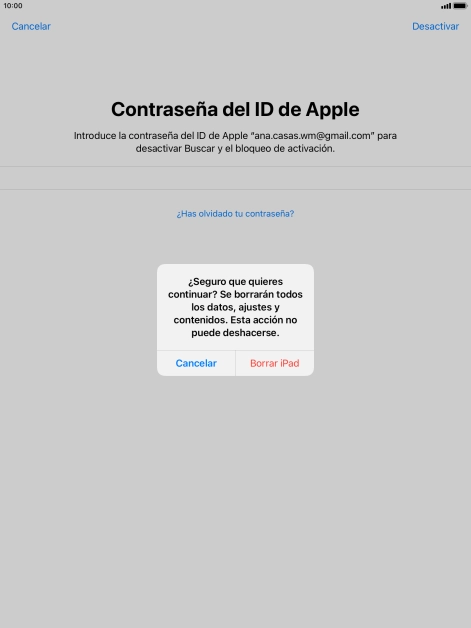Pulsa Borrar iPad. Espera unos instantes mientras la tablet restablece la configuración predeterminada. Sigue las indicaciones de la pantalla para configurar la tablet y dejarla lista para su uso. Pulsa Borrar iPad. Espera unos instantes mientras la tablet restablece la configuración predeterminada. Sigue las indicaciones de la pantalla para configurar la tablet y dejarla lista para su uso.