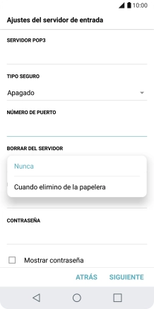 Pulsa Nunca para conservar los correos electrónicos en el servidor cuando los borras del teléfono. Pulsa Nunca para conservar los correos electrónicos en el servidor cuando los borras del teléfono.