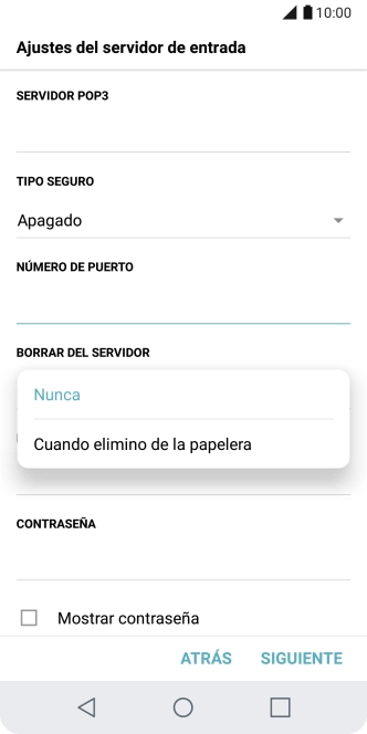 Pulsa Nunca para conservar los correos electrónicos en el servidor cuando los borras del teléfono. Pulsa Nunca para conservar los correos electrónicos en el servidor cuando los borras del teléfono.