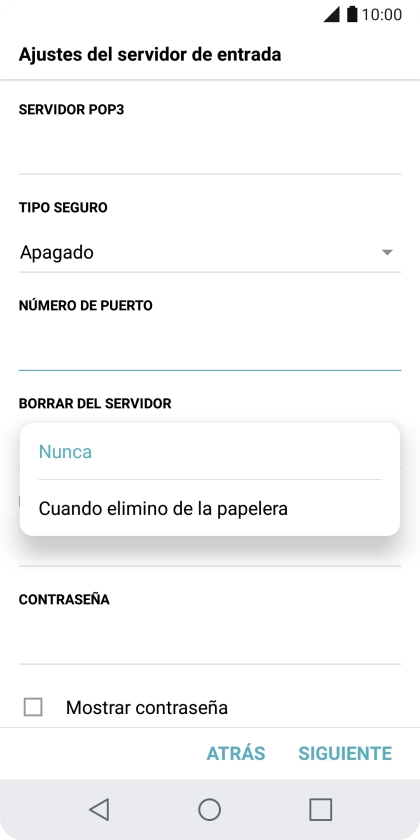 Pulsa Nunca para conservar los correos electrónicos en el servidor cuando los borras del teléfono. Pulsa Nunca para conservar los correos electrónicos en el servidor cuando los borras del teléfono.