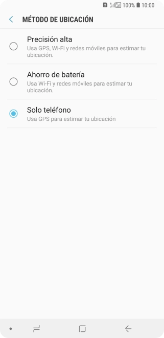 Si seleccionas Precisión alta, el teléfono podrá encontrar tu posición exacta con ayuda de los satélites GPS, la red móvil y una red wifi cercana. El GPS por satélite requiere vista libre al cielo. Si seleccionas Precisión alta, el teléfono podrá encontrar tu posición exacta con ayuda de los satélites GPS, la red móvil y una red wifi cercana. El GPS por satélite requiere vista libre al cielo.