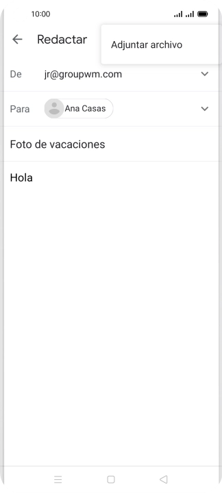 Pulsa Adjuntar archivo y desplázate a la carpeta deseada. Pulsa Adjuntar archivo y desplázate a la carpeta deseada.