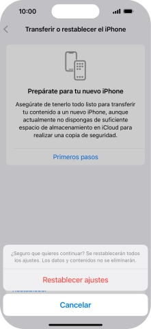 Pulsa Restablecer ajustes. Espera unos instantes mientras el teléfono restablece la configuración predeterminada. Sigue las indicaciones de la pantalla para configurar el teléfono y dejarlo listo para su uso. Pulsa Restablecer ajustes. Espera unos instantes mientras el teléfono restablece la configuración predeterminada. Sigue las indicaciones de la pantalla para configurar el teléfono y dejarlo listo para su uso.