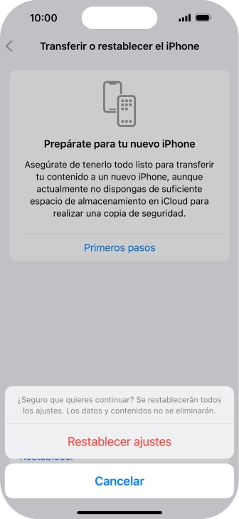 Pulsa Restablecer ajustes. Espera unos instantes mientras el teléfono restablece la configuración predeterminada. Sigue las indicaciones de la pantalla para configurar el teléfono y dejarlo listo para su uso. Pulsa Restablecer ajustes. Espera unos instantes mientras el teléfono restablece la configuración predeterminada. Sigue las indicaciones de la pantalla para configurar el teléfono y dejarlo listo para su uso.