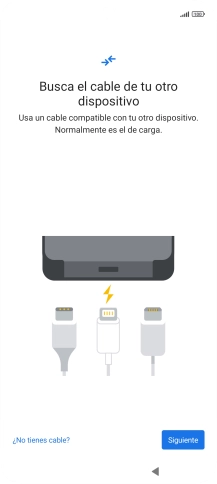 Si tienes un cable que pueda conectar ambos teléfonos, inserta el cable y sigue las instrucciones de la pantalla para transferir contenido a tu teléfono. Si no tienes un cable, pulsa ¿No tienes cable?. Si tienes un cable que pueda conectar ambos teléfonos, inserta el cable y sigue las instrucciones de la pantalla para transferir contenido a tu teléfono. Si no tienes un cable, pulsa ¿No tienes cable?.