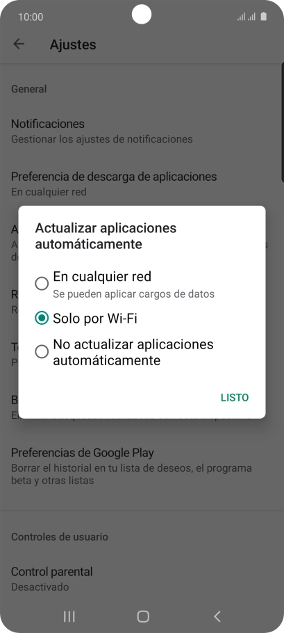 Para activar la actualización automática de apps utilizando la red móvil, pulsa En cualquier red. Para activar la actualización automática de apps utilizando la red móvil, pulsa En cualquier red.