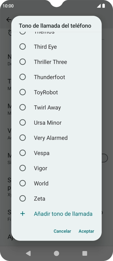 Si deseas seleccionar un timbre de llamada que no sea un timbre de llamada predeterminado, pulsa Añadir tono de llamada y sigue las indicaciones de la pantalla para seleccionar la melodía deseada. Si deseas seleccionar un timbre de llamada que no sea un timbre de llamada predeterminado, pulsa Añadir tono de llamada y sigue las indicaciones de la pantalla para seleccionar la melodía deseada.