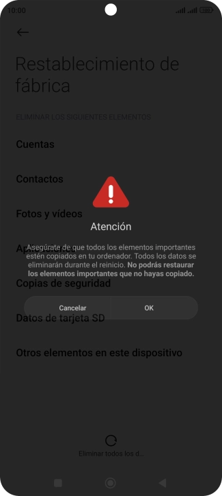Pulsa Aceptar. Espera unos instantes mientras el teléfono restablece la configuración predeterminada. Sigue las indicaciones de la pantalla para configurar el teléfono y dejarlo listo para su uso. Pulsa Aceptar. Espera unos instantes mientras el teléfono restablece la configuración predeterminada. Sigue las indicaciones de la pantalla para configurar el teléfono y dejarlo listo para su uso.