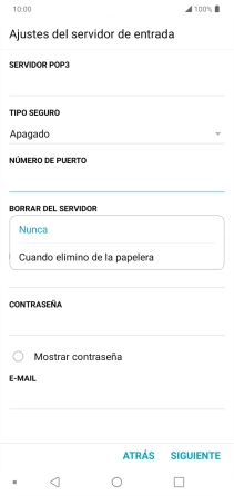 Pulsa Nunca para conservar los correos electrónicos en el servidor cuando los borras del teléfono. Pulsa Nunca para conservar los correos electrónicos en el servidor cuando los borras del teléfono.