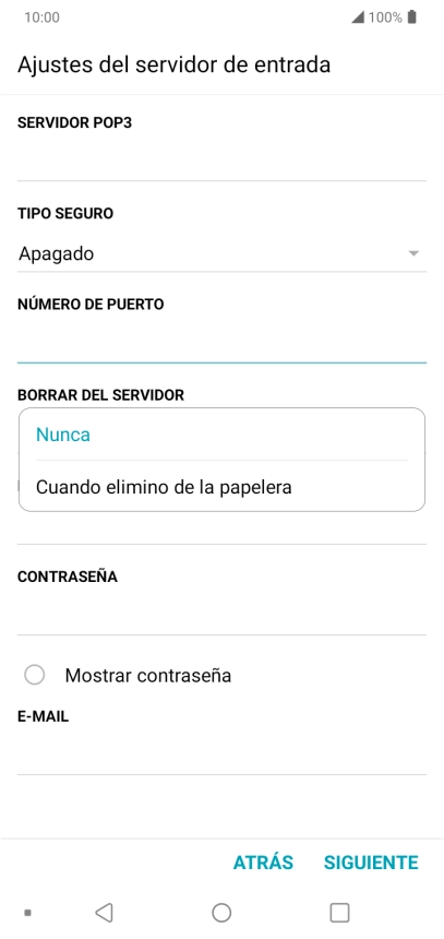 Pulsa Nunca para conservar los correos electrónicos en el servidor cuando los borras del teléfono. Pulsa Nunca para conservar los correos electrónicos en el servidor cuando los borras del teléfono.